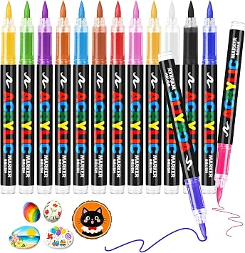 Acrylic Paint Markers Brush Tip, 12 Colors Paint Pen for Rock Painting with Direct-Liquid Type Control, Canvas, Glass, Waterproof Acrylic Paint Pens