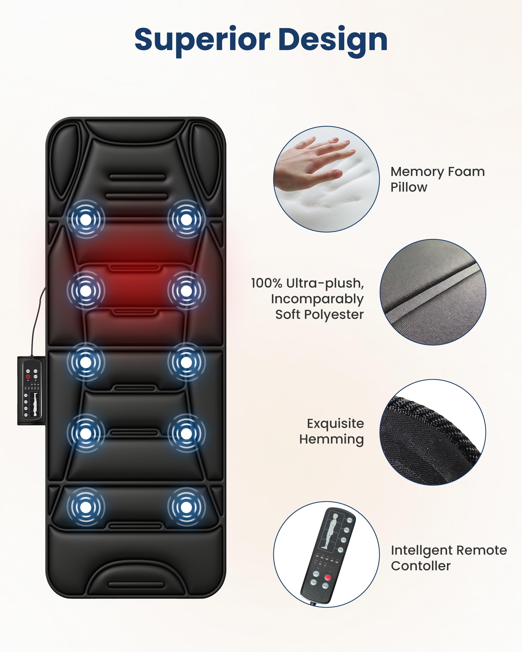 COMFIER Colchoneta de Masaje Cuerpo Completo con Función de Calor, Masajeador de Espalda con Masaje por Vibración, 10 Motores de Vibración, 5 Modos de Masaje y Función de Apagado Automático, Regalo