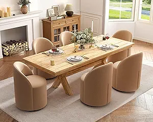 Wahson Velvet Swivel Dining Chairs Set of 6, Modern Upholstered Barrel Accent Chair with 360 Degree Rotation, Khaki Vanity Chair for Dining/Living Room, Bedroom, Makeup Room