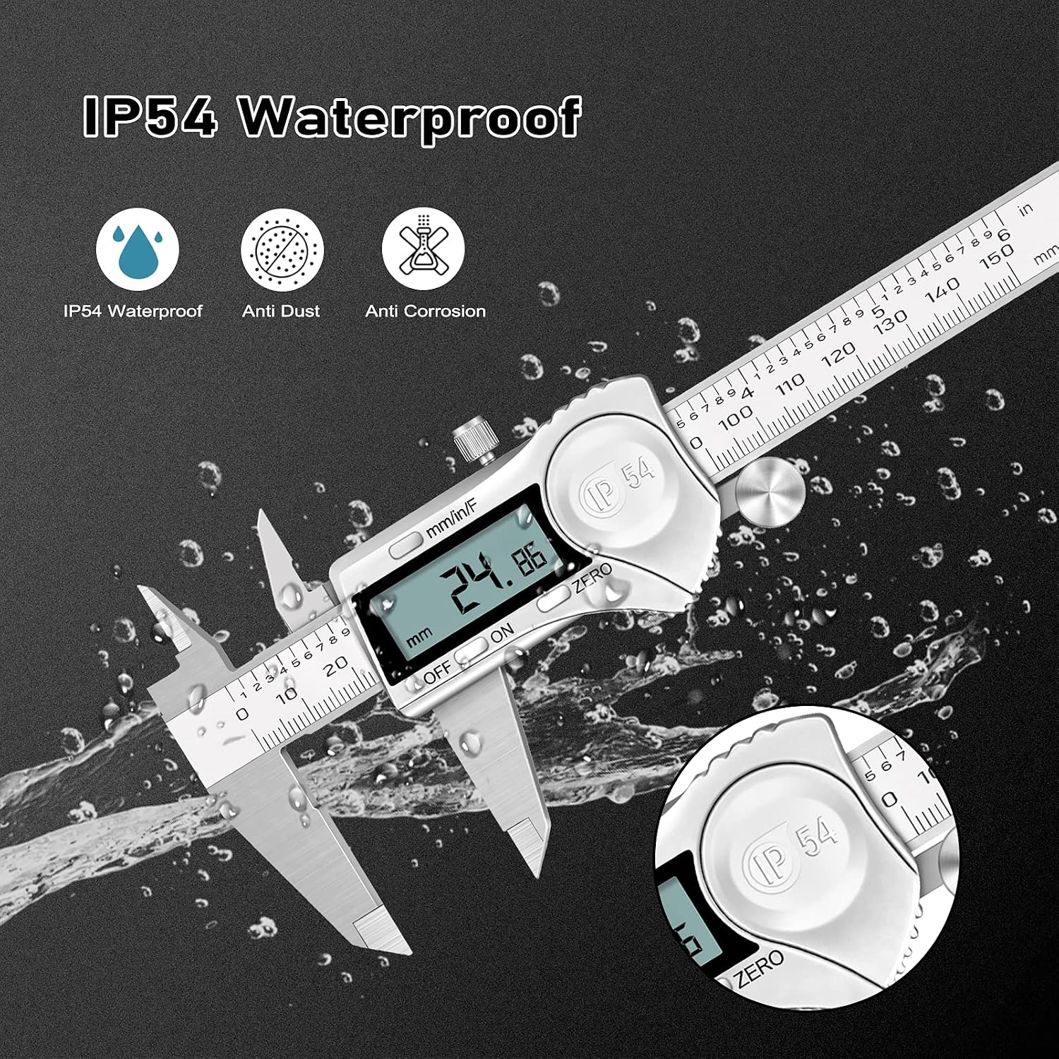 Caliper Measuring Tools, POWERGIANT Digital Electronic Micrometer 6 Inch with IP54 Waterproof, Inch Metric Fraction Conversion,150mm with Large LCD
