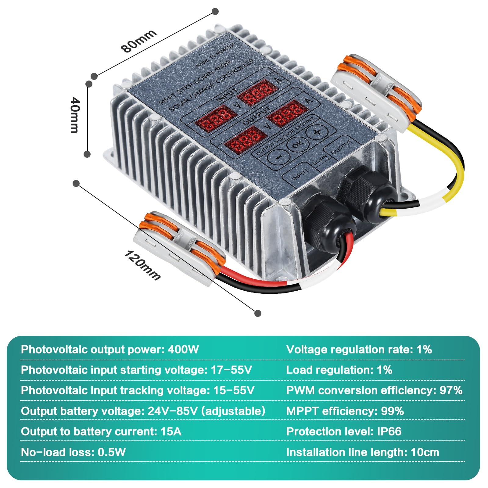 DEWIN Controlador de Carga Solar, Boost MPPT Regulador de Carga Solar 24-85V Voltaje Ajustable Step Up Cargador de Batería Solar 400W