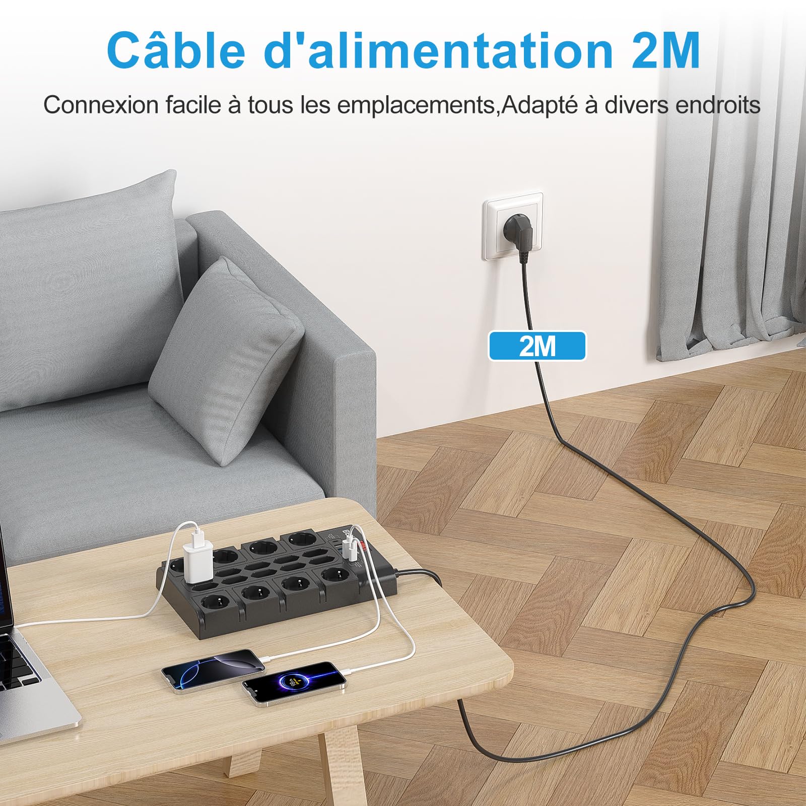 BEVA 18 Prises Multiprise,2100J Multiprise Parafoudre et Surtension,Noir | 3680W/16A Prise Electrique 4 USB-A +2 USB-C(15W), Prise Multiple avec Terre, Câble 2M