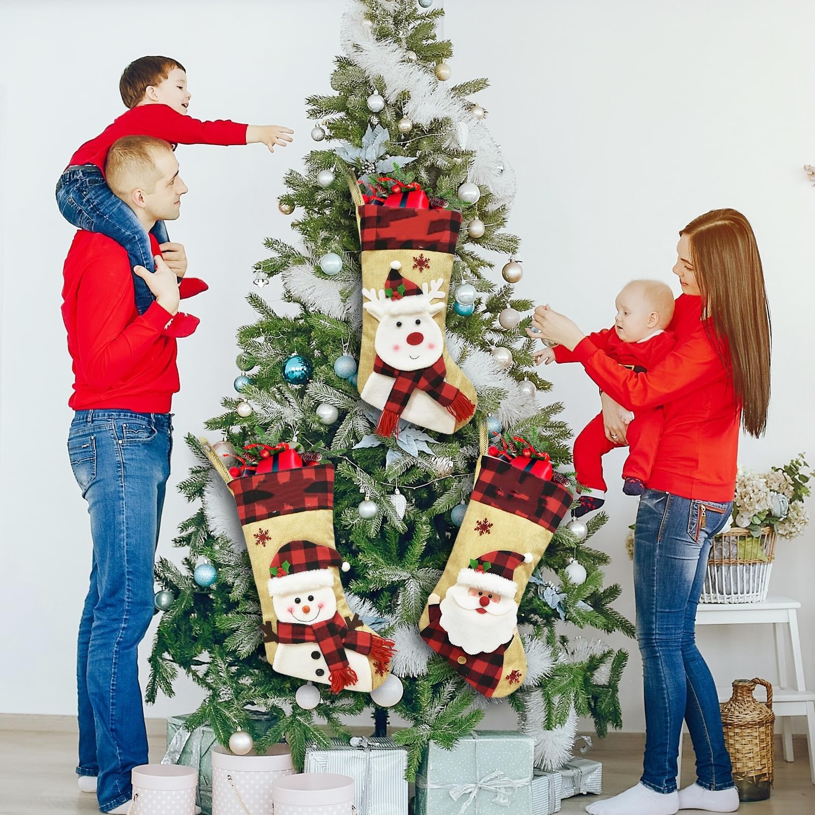 46 cm Große Weihnachtsstrumpf zum Aufhängen & Befüllen - Familie Weihnachtssocken Kinder - Nikolausstiefel Weihnachtsdeko Kamin - 4 Stück