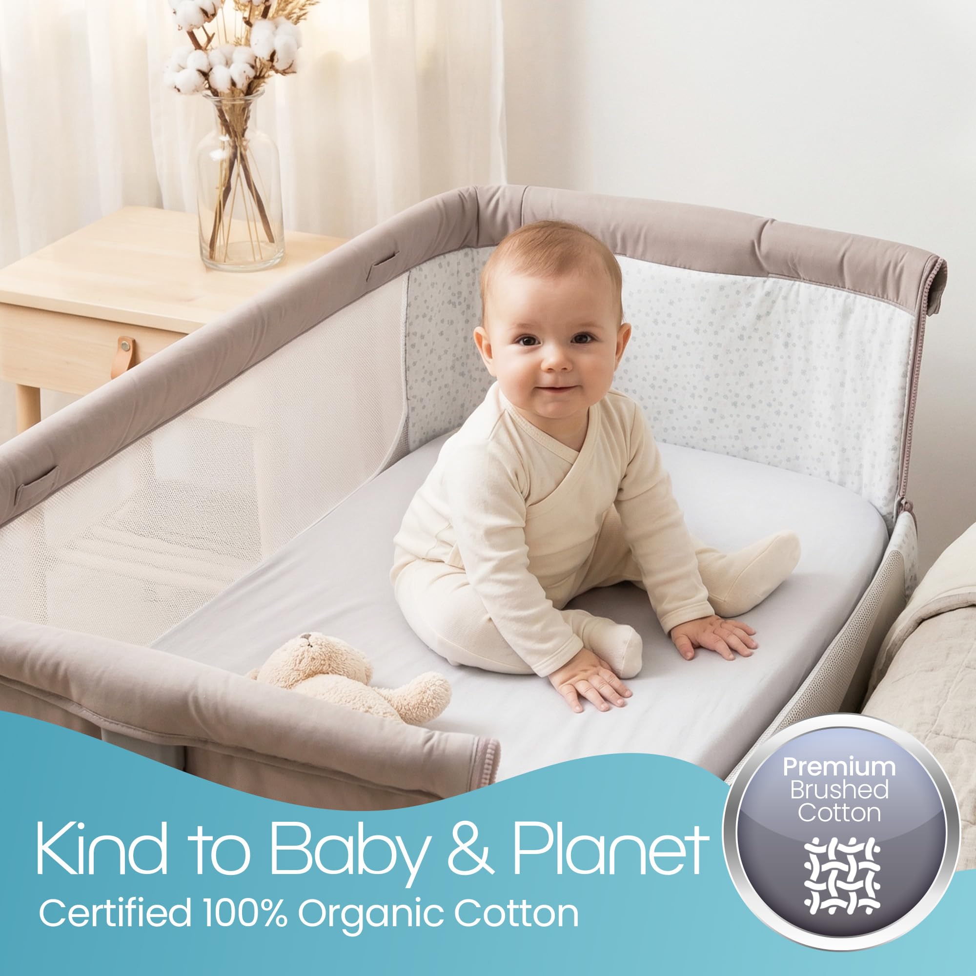 Next To Me Crib Sheets 51x85cm – Award-Winning 2 Pack 100% Organic Cotton Grey Bedside Crib Fitted Sheets – Soft Breathable Tutti Bambini CoZee Fitted Sheets for Daily Use — view 5