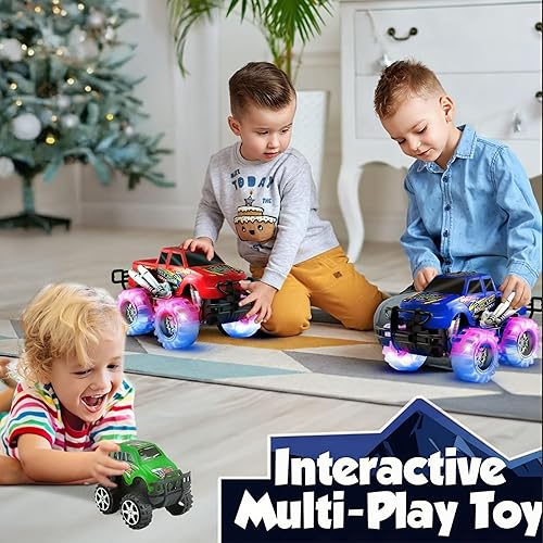 Miniatura 6 de JoyX Paquete de 4 camiones monstruos de juguete con luces LED, el mejor cumpleaños, para niños y niñas a partir de 3 años, autos Push n Go & Pull n