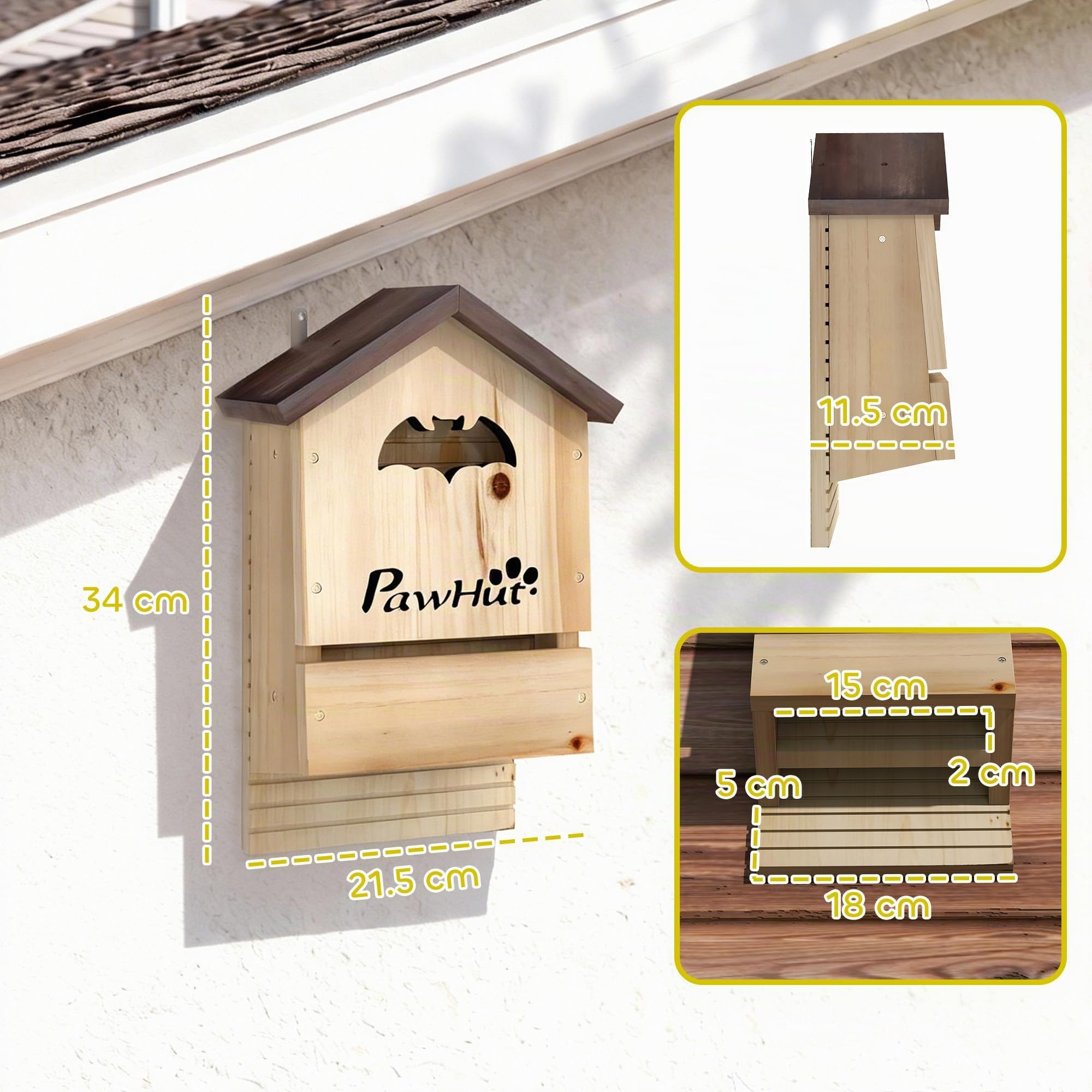 PawHut Set di 3 Casette per Pipistrelli 21.5x11.5x34 cm Legno Naturale | Legno di Abete, Rifugio per Pipistrellini, Da Esterno, Bat Box da Appendere