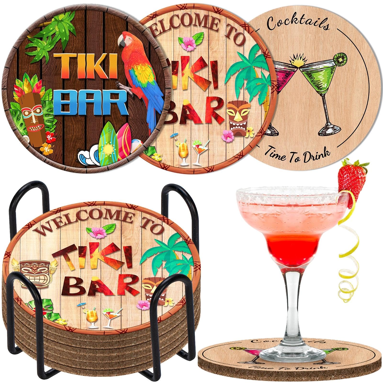 6pcs Drink Coasters with Holder Coaster for Drinks Thick Sturdy Absorbent Cork Funny Tiki Bar Designs for Coffee Cups Drinking Glasses Table Desk Protection Housewarming Gift Home Decor