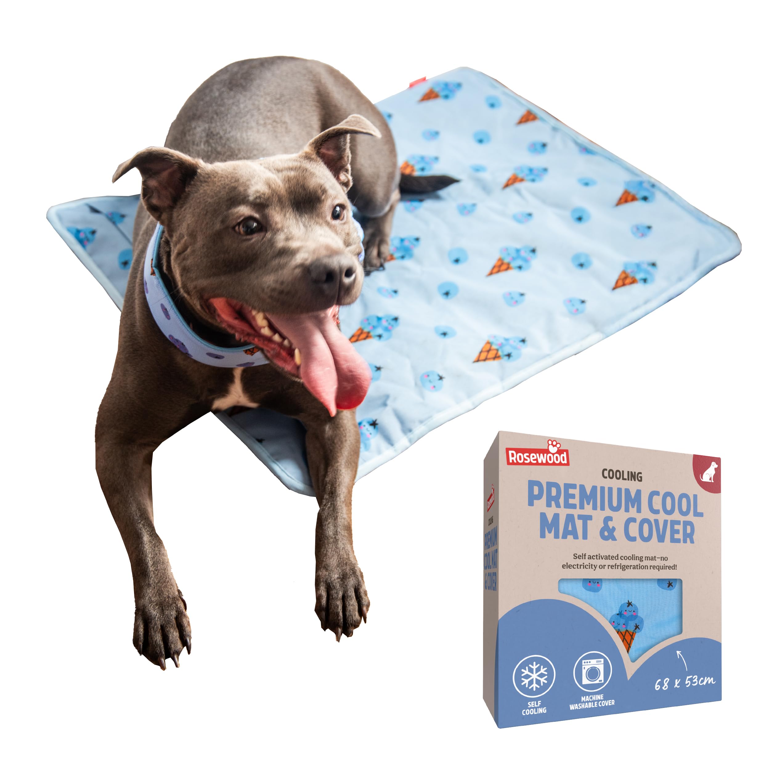 Rosewood Premium Cool Mat and Cover for Dogs - Blueberry Ice Cream Print, Claw Resistant Cover, Water-Resistant Base and Cooling Top, Cooling Hot Weather Relief, 53 x 68cm