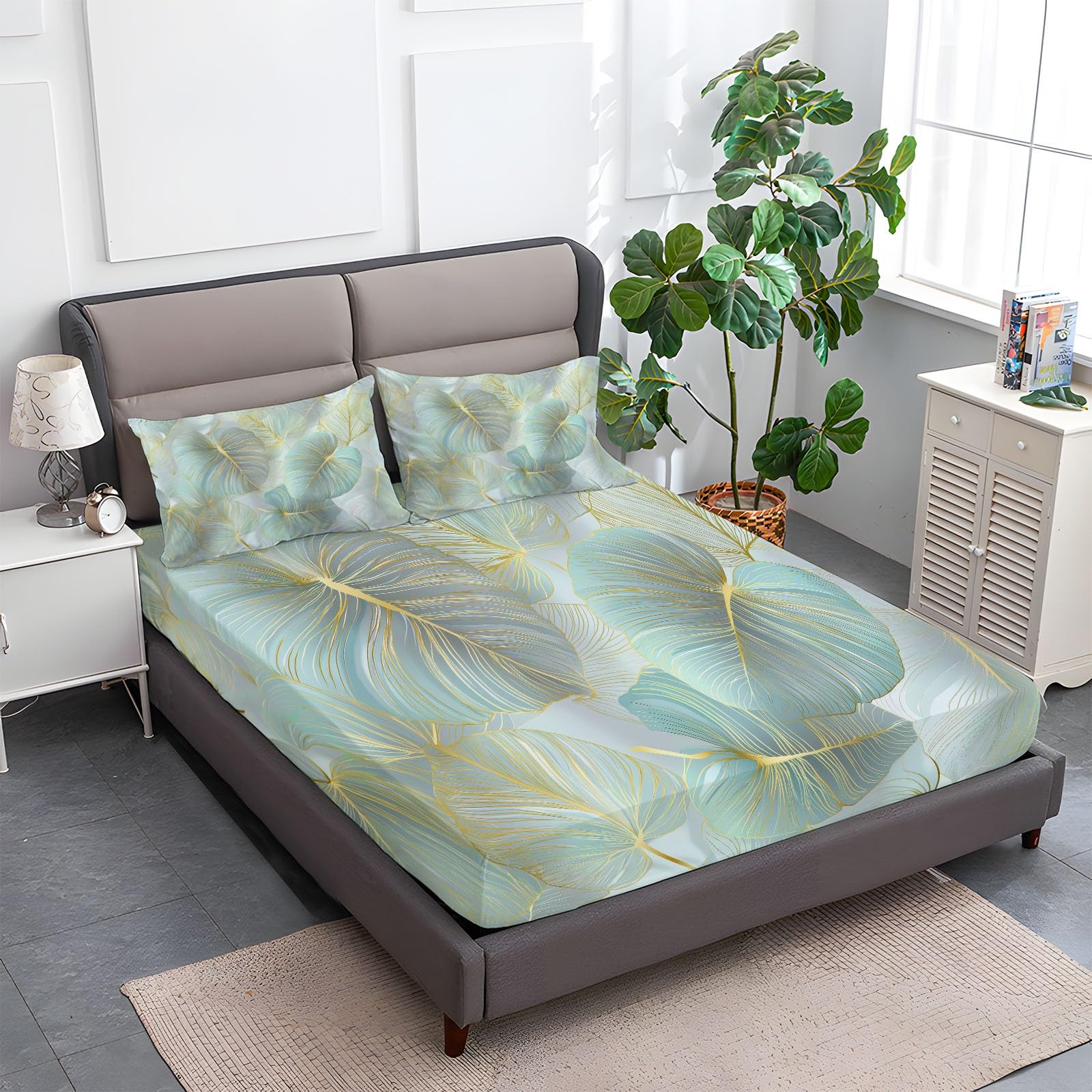 Sábana bajera de microfibra suave, 180 x 200 cm, hojas de Monstera Aux Luxueuses Línes Doradas, funda de colchón transpirable, antideslizante, con 2 fundas de almohada, gran gorro de 30 cm, color