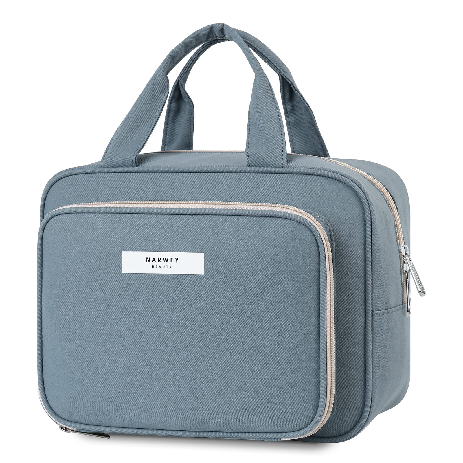 Vue intérieure de la trousse de toilette Narwey Grande (Bleu Gris) montrant ses compartiments et organisateurs.