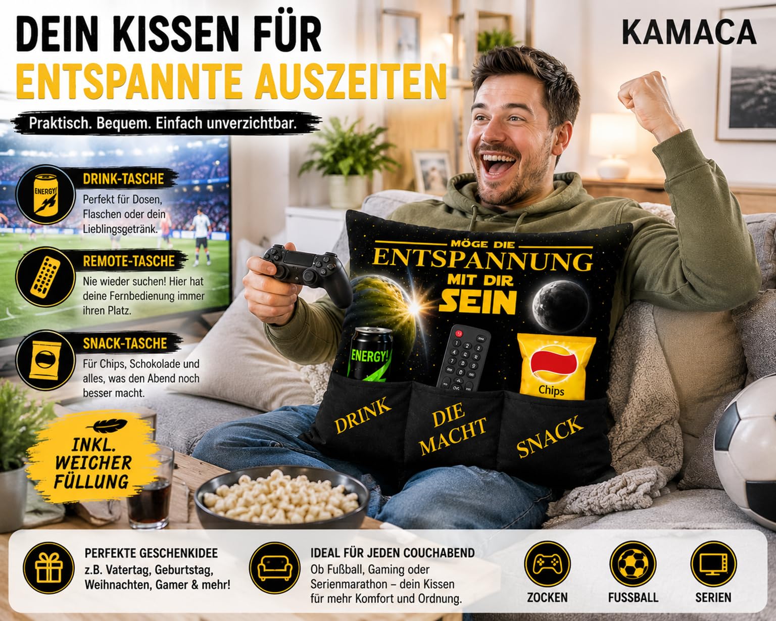 KAMACA Entspannungskissen mit Spruch und Taschen für Snacks - lustiges Geschenk für Mann und Frau - Wichtelgeschenk (Entspannung)