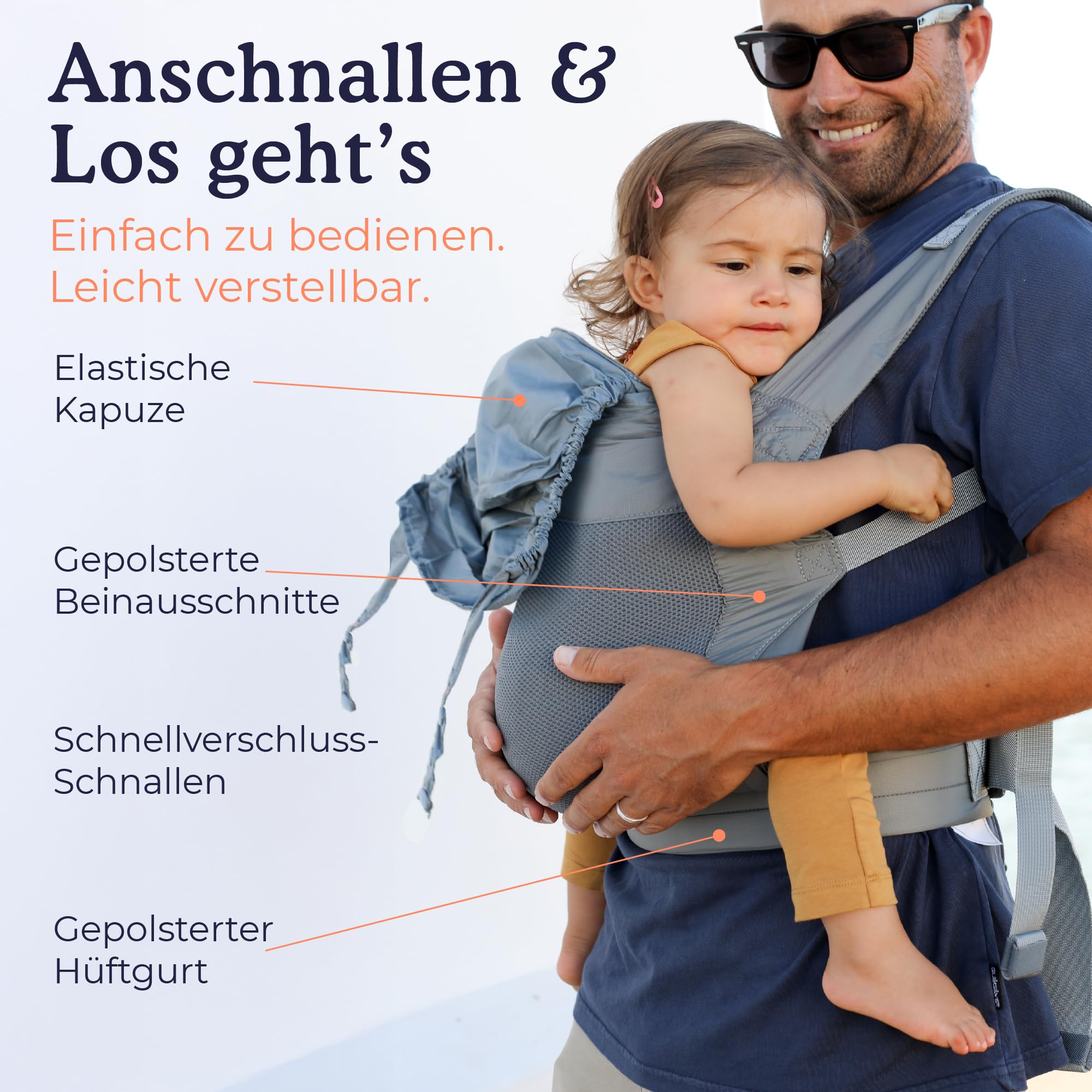 Beco Fly Ultralite Babytrage & Kindertrage – Kompakt, Faltbar & Leicht – Inkl. Transporttasche, Bauch- & Rückentrage, Ergonomische M-Position (7–20 kg) - Grau