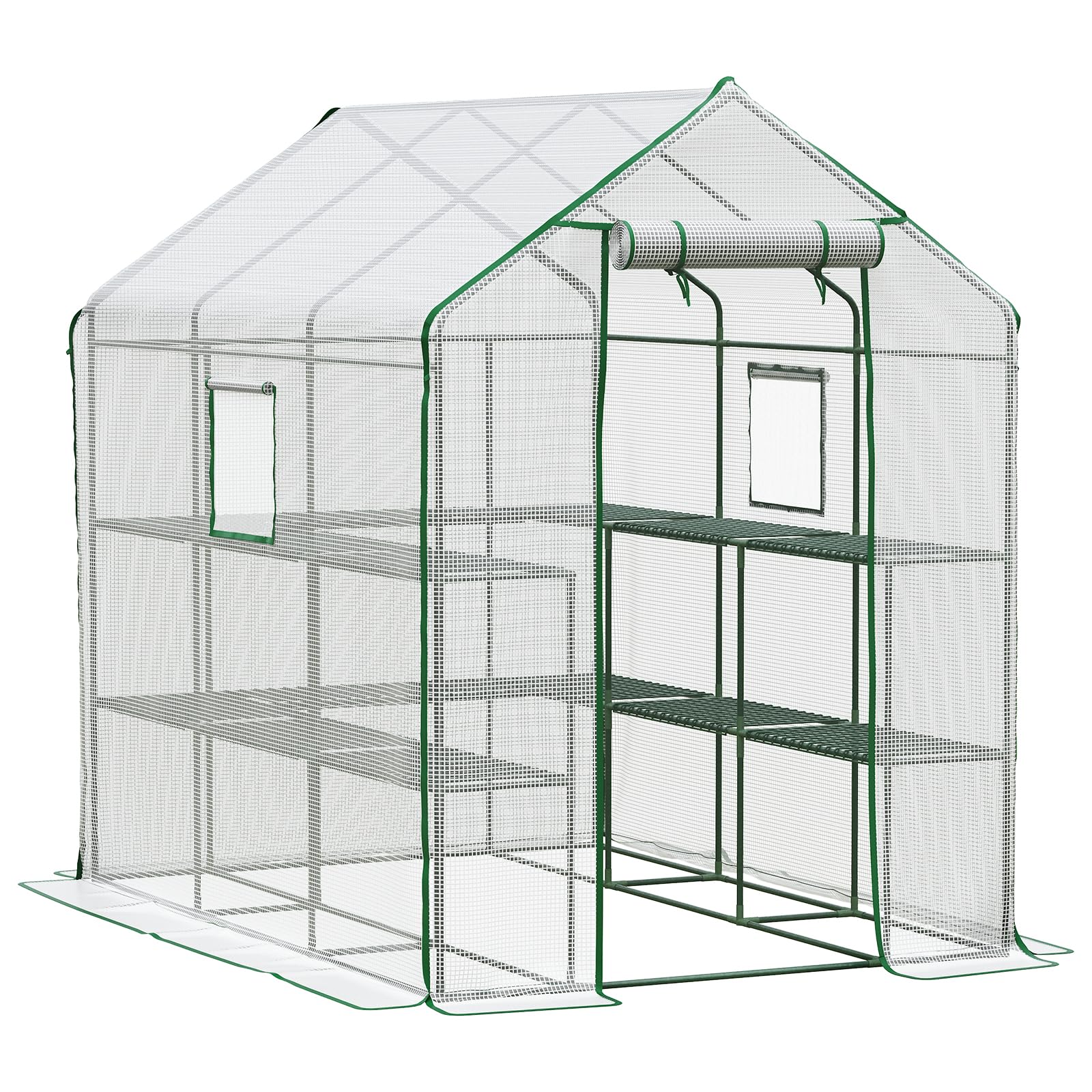 LARMNEE Invernadero para Jardín, Marco Acero Jardinería Invernadero, 212 x 145 x 147/198 cm, Vivero de Plantas con 14 Estantes, Caseta para Tomates, Verduras, Frutas, Flores, Blanco EWT13GH02G1