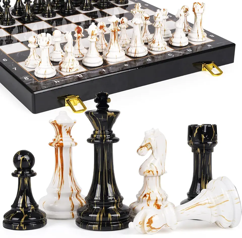 15" Large Chess Set for Adults with Weighted Acrylic Chess Pieces 3.5" King &amp; Portable Folding Marbling Wooden Chess Board Travel Chess Sets Family Board Game Gift – Elegant Classic Ches