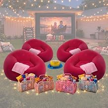4 Set Inflatable Bean Bag Chairs Sets for Adults Movie Night | 4 Chairs, 4 Storage Baskets, 4 Blankets, Portable Outdoor Backyard Seating, Blow up Sofa Couch, Camping Beach Supplies