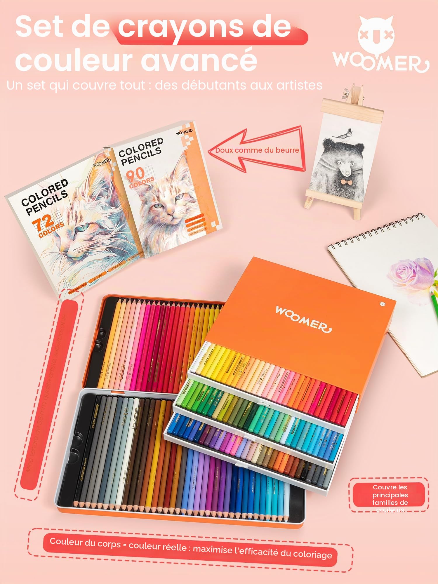 Woomer Crayons de couleur de qualité supérieure pour artistes – 133 couleurs (162 crayons) avec 20 papiers résistants à l'usure, noyau doux et crémeux de 3,8 mm pour galeries d'art, studios et mélange