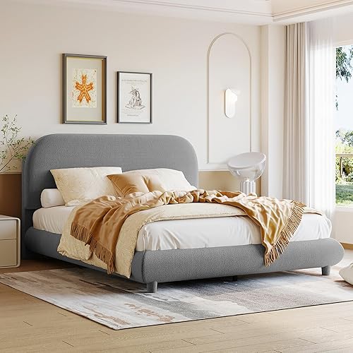 Miniatura 16 de Cama de plataforma tapizada en forma de curva con cabecera curva, marco de cama de madera tamaño Queen para niños y adultos, muebles de dormitorio,