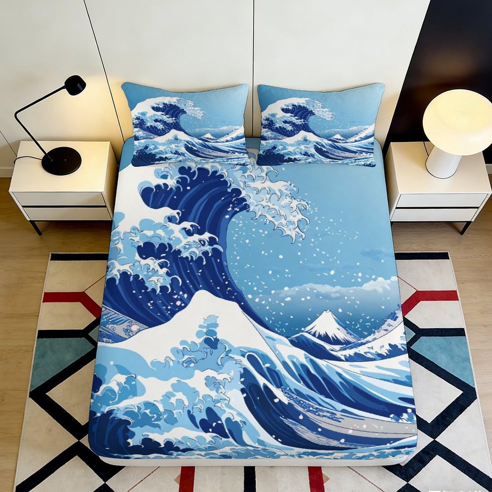 Pnayamiorkfel Style-6 3D Printed Great Wave Fitted Sheet Microfiber Blue Ocean Mount Fuji Mattress Cover Bedroom Decor Anti-Slip Washable 90X200x25cm