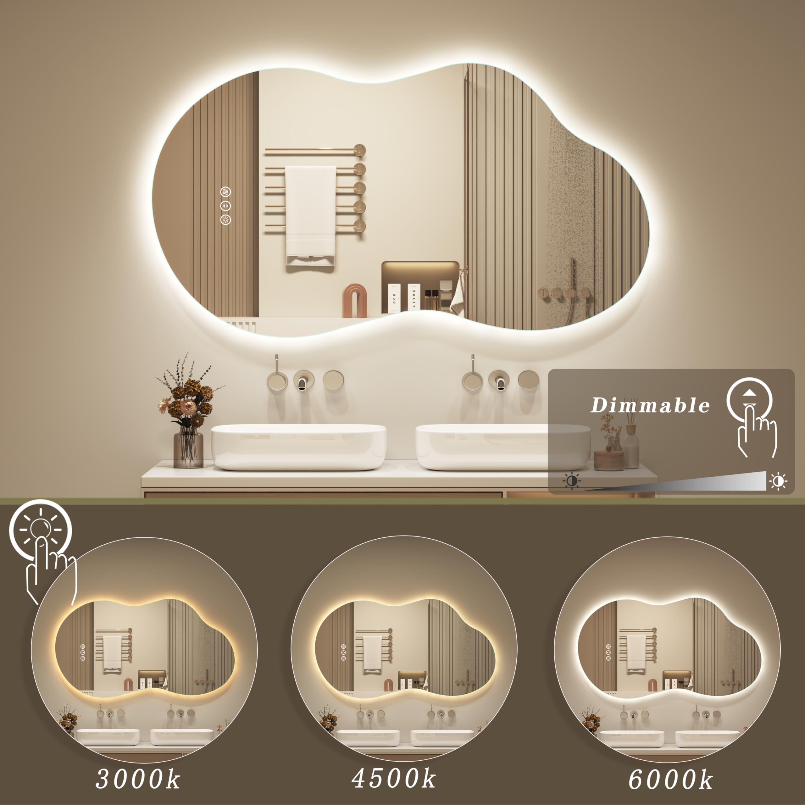 OKPAL Espejo retroiluminado irregular para pared de 24 x 36 pulgadas, espejo de baño asimétrico iluminado con luces, inastillable, antivaho, regulable, función de memoria (horizontal/vertical)