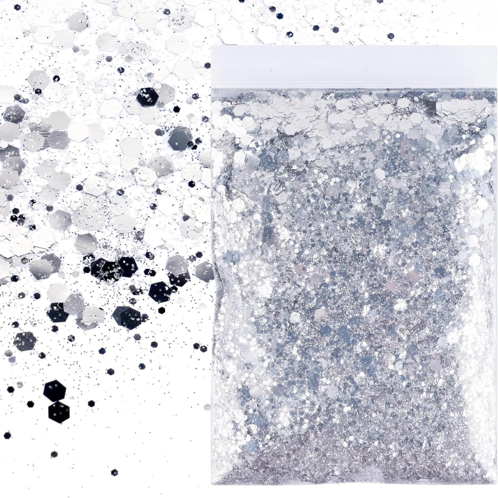 Glitzer-Set In Silber – 50g Glitzerpulver & Pailletten In 3 Größen (0,2/1/3 Mm) Für Nails, Make-up & Basteln