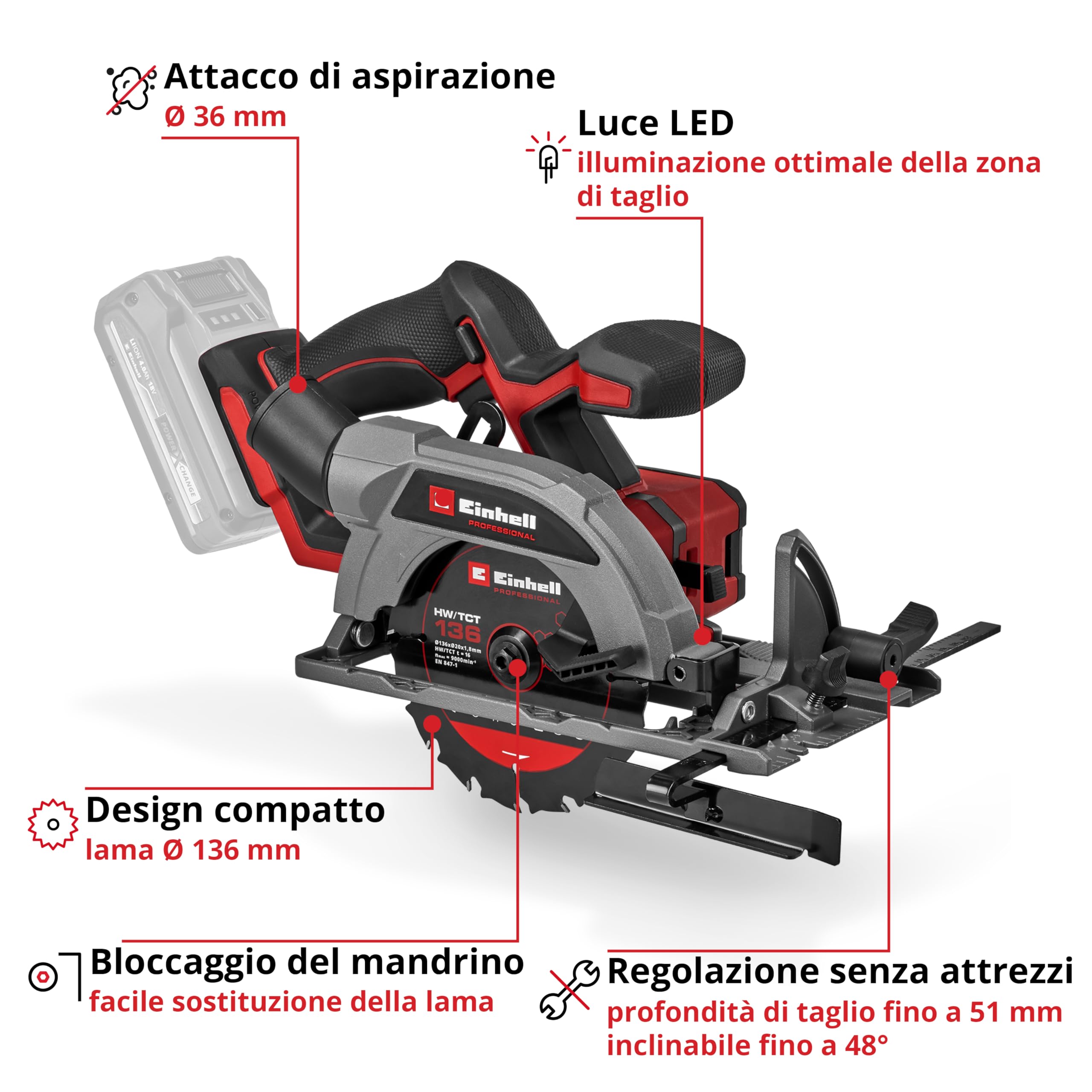 La sega circolare manuale Einhell Professional TP-CS 18/136-C Li BL - Solo Power X-Change (18 V, lama Ø 136 mm, Brushless, profondità di taglio 51 mm, installazione senza attrezzi, batteria esclusa)