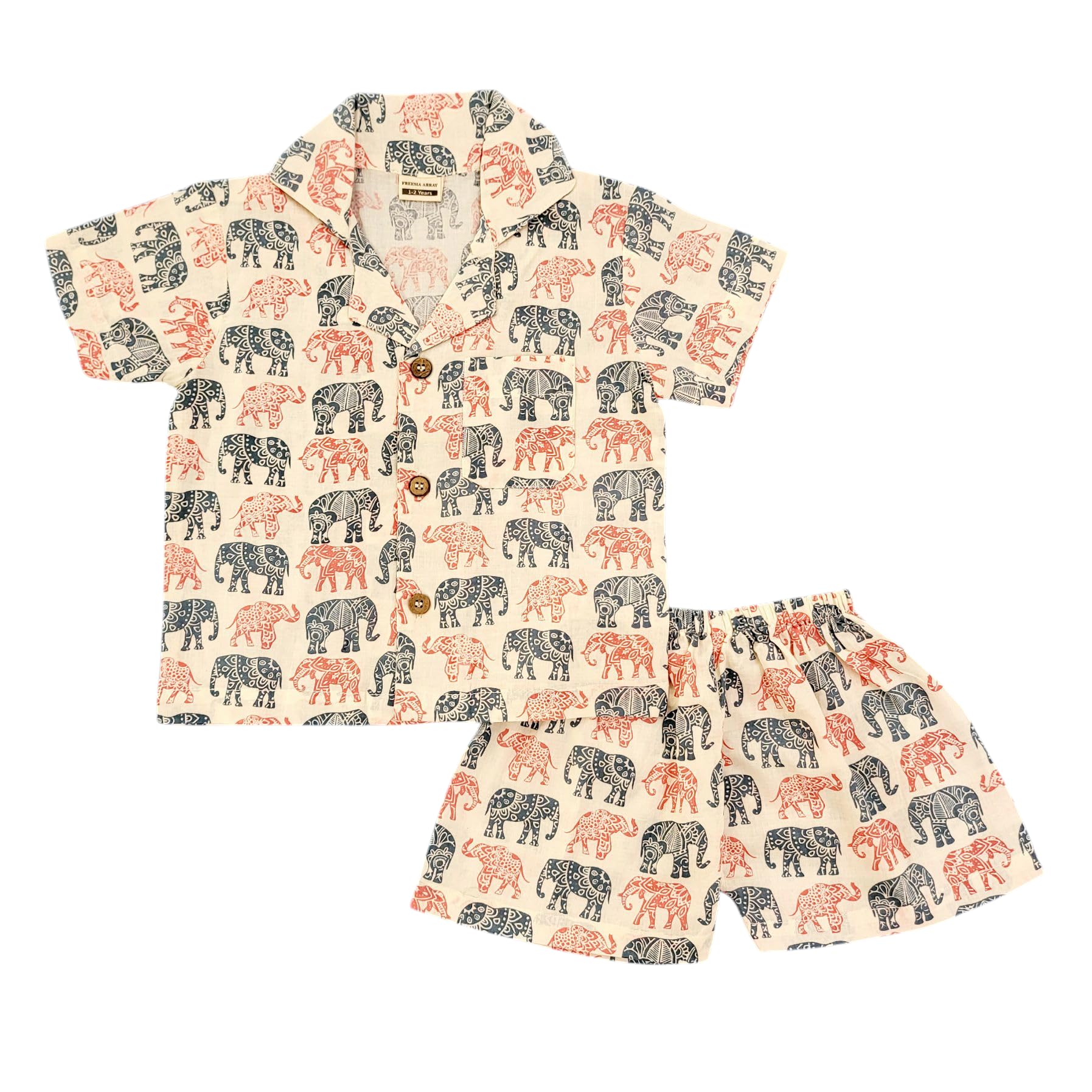 freesia array Majesty Unisex Cotton Elephant Printed White Shorts Nightsuit Set for Kids-picture-0
