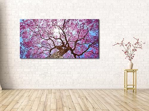 Miniatura 4 de Lienzo decorativo con diseño de árbol de cerezo en flor de Pyradecor en lienzo de paisaje tensado para pared, diseño de flores rosas de primavera y