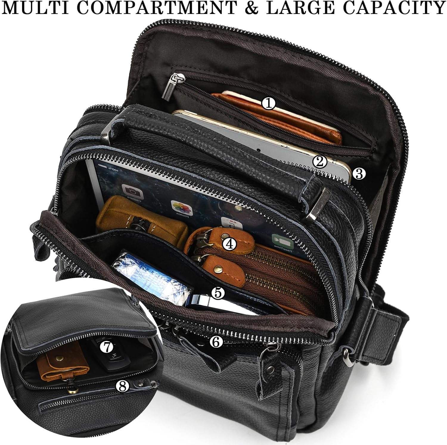 SAIION Small Leather Mens Purse Bag, Genuine Leather Messenger and Shoulder Bag for Men Zipper Pockets, Men Satchel Handbag - Image 3