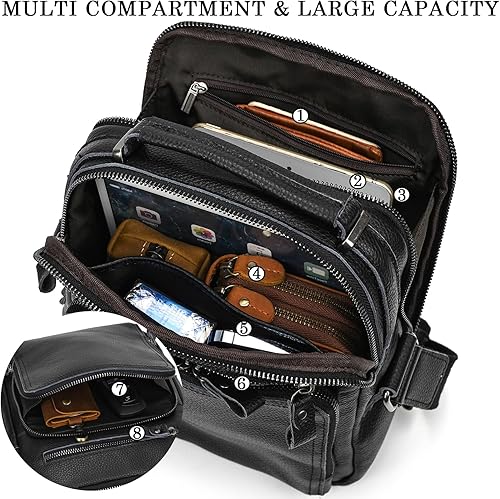 Miniatura 3 de Bolso pequeño de cuero para hombre, bandolera de cuero genuino y bolsa de hombro para hombres, bolsillos con cremallera, bolso de mano para hombre