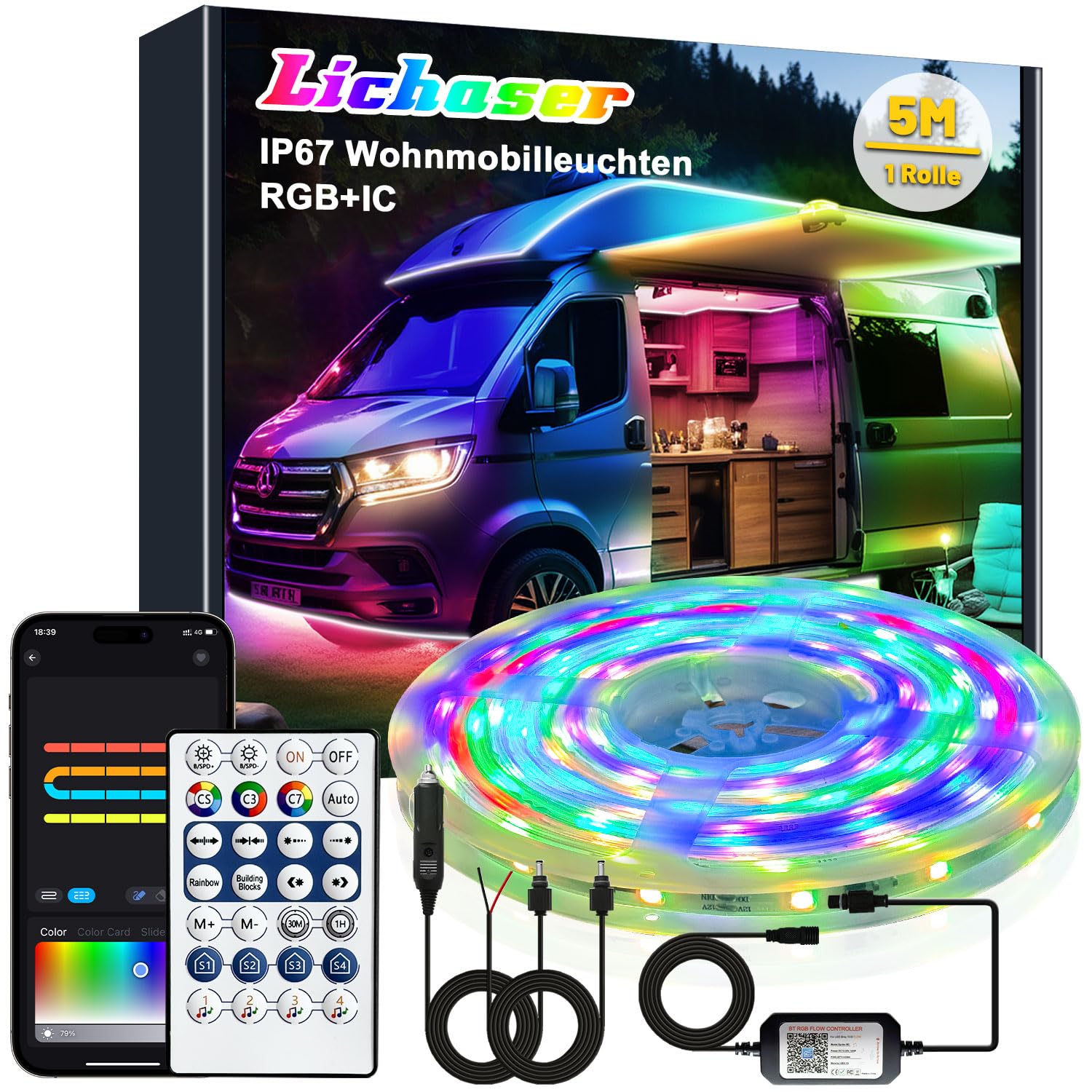 Lichaser LED Streifen für Wohnmobile, Wasserdicht 12V LED Lampen für Wohnmobile IP67 RGB+IC mit App und Fernbedienung, Wohnmobilbeleuchtung für den Innen und Außenbereich für Markise Wohnwagen (5m)