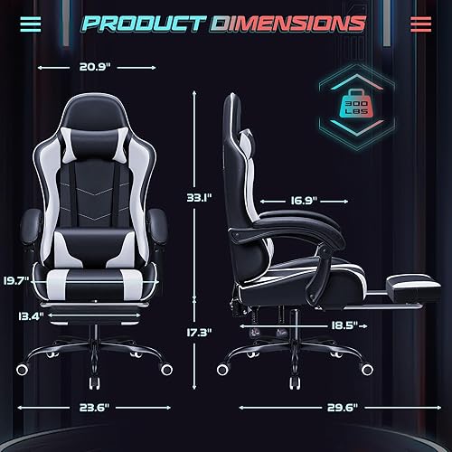 Miniatura 3 de JUMMICO Silla ergonómica para videojuegos con reposapiés y soporte lumbar de masaje, silla de videojuegos de altura ajustable con asiento giratorio