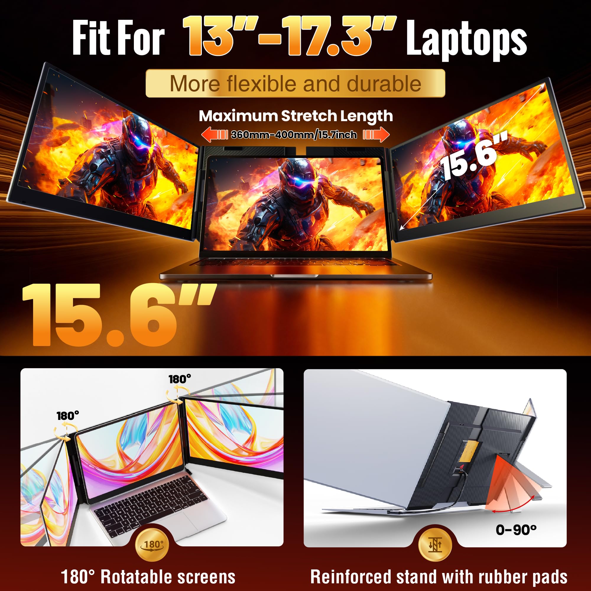 Cybotioe 2026 New One Cable Connection Laptop Screen Extender Monitor Portable, Ultra Thin 15.6" 1080P FHD Triple Screen,Fit for 13-17" Laptop, Plug & Play Compatiable with Win/Mac/Chrome/Android — view 6