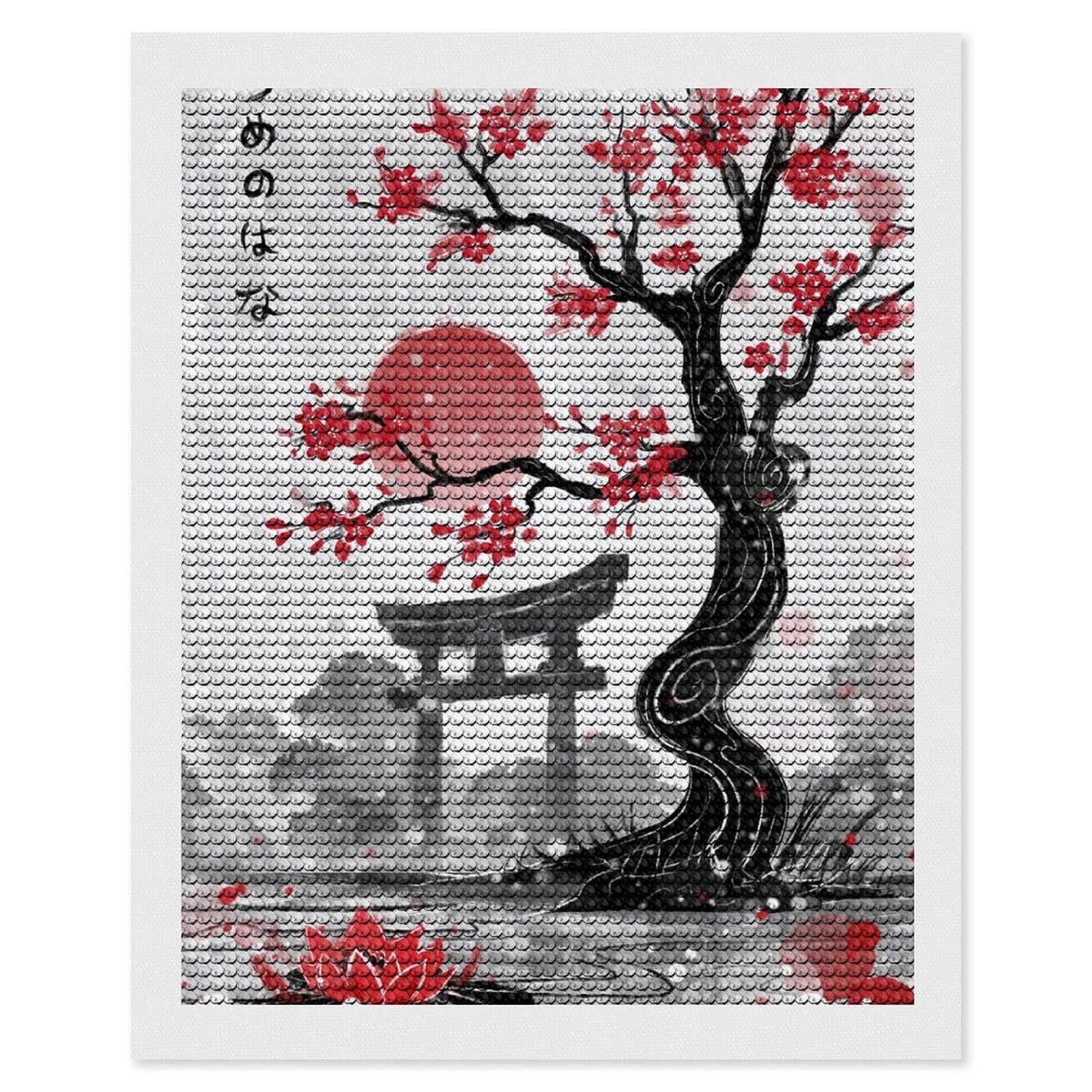 Junmoney Japanese Garden with Red Blossoms and Torii Diamond Painting Canvas Set 16"x20", Full Kit Included, Calming Craft to Unwind, Farmhouse Decor, Christmas Gift