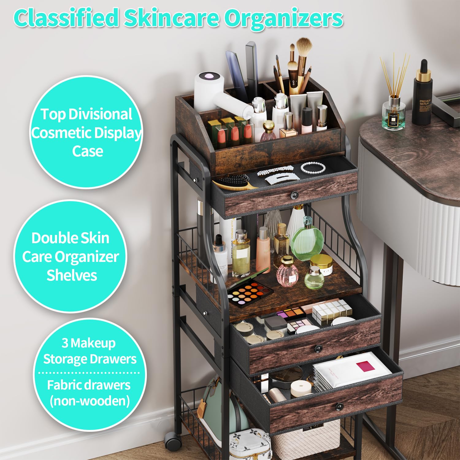 HapiRm Kosmetikwagen mit Rollen Schminktisch Organizer - Vanity Kosmetik Rollwagen mit Schubladen für Hautpflege Nagellack Parfüm Make-up-Pinsel