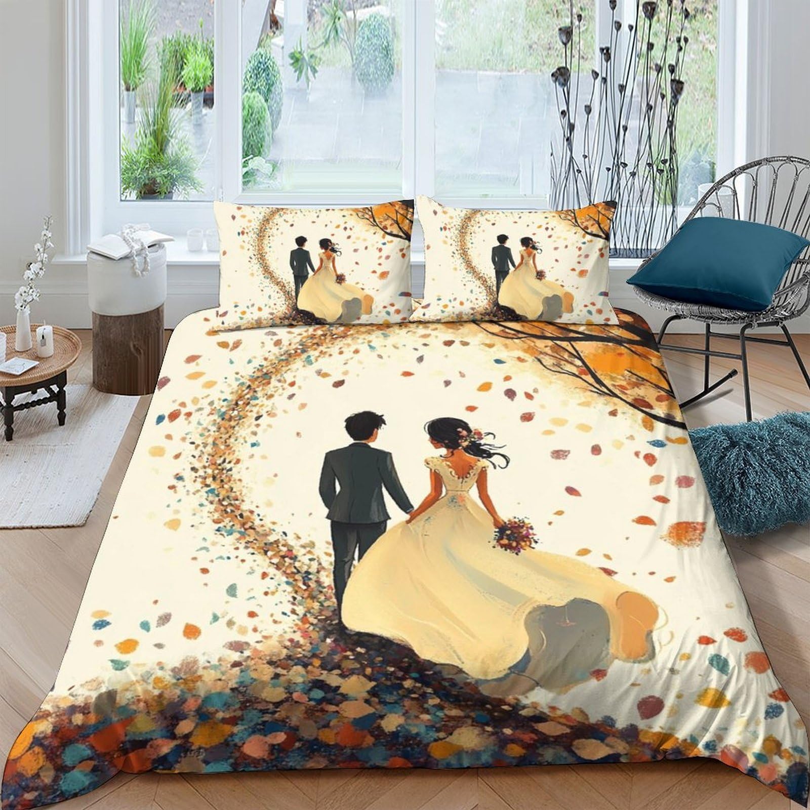 Ctjqhvkz Style-10 3D Printed Romantic Couple Fitted Sheet Microfiber Autumn Path Bed Cover For Bedroom Guest Room Easy Care Decor Single（135X200cm）