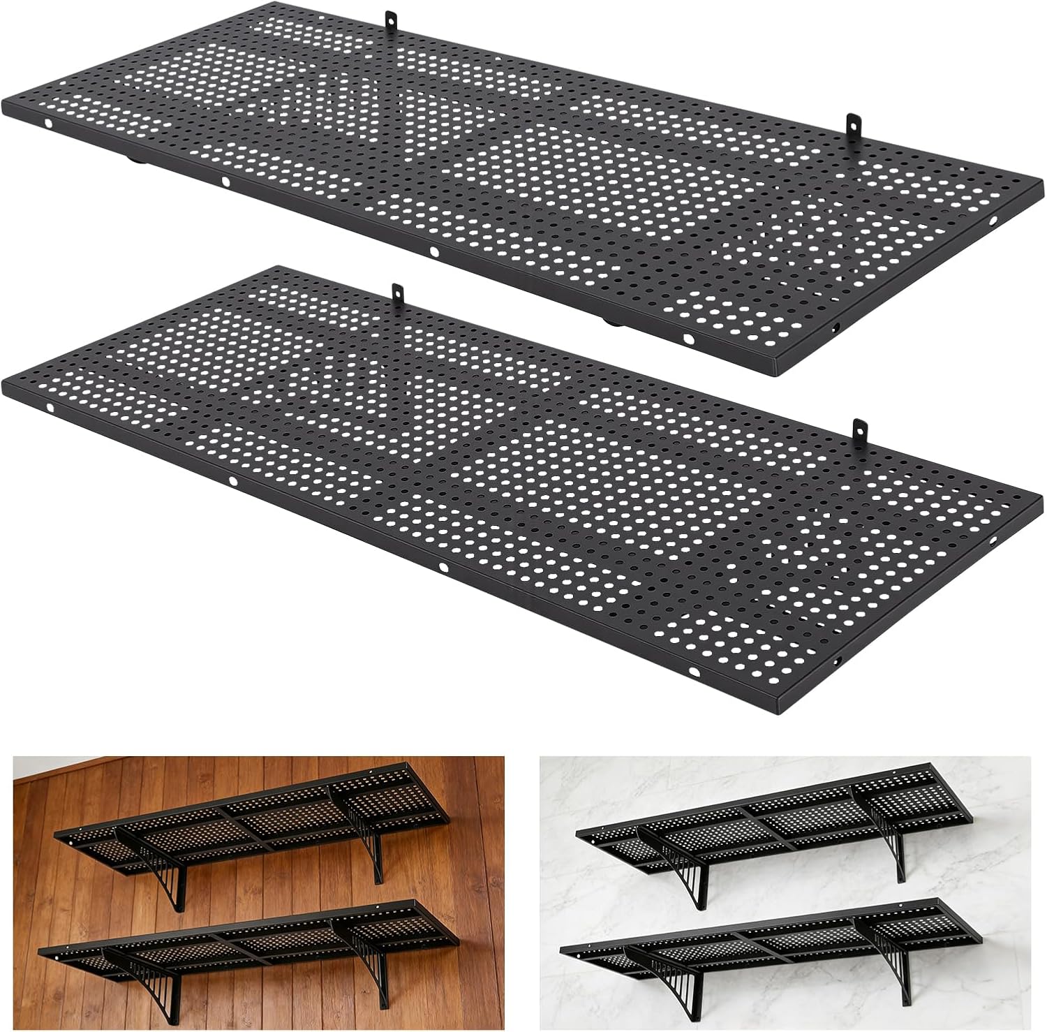 FAHKNS 2-Pack Heavy Duty Garage Wall Shelving, 500lbs Capacity, Metal Wall Mount Shelf with Hooks & Adjustable Spacing, Black
