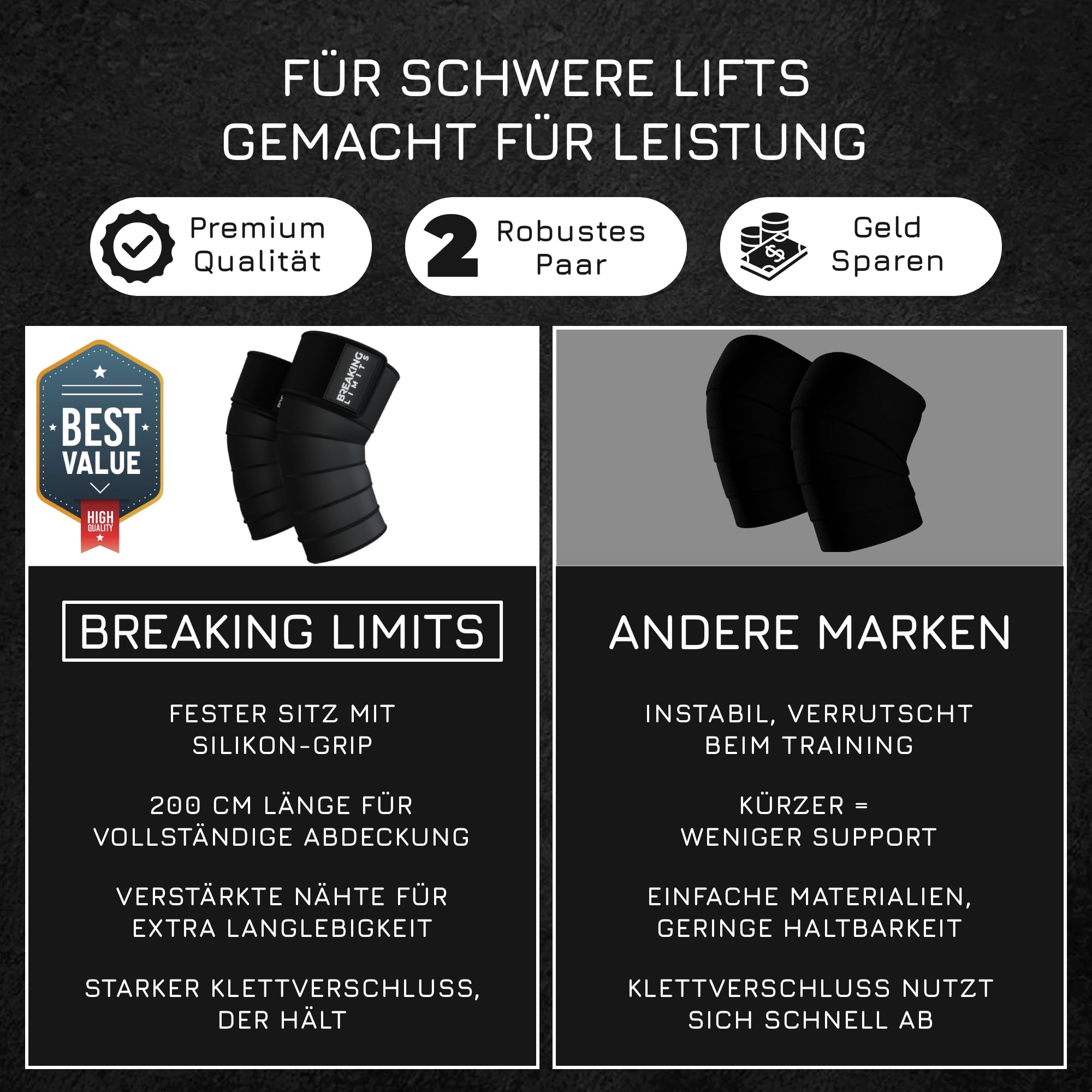 BREAKING LIMITS Kniebandage Kraftsport – Kniebandagen für Powerlifting, Gym, Krafttraining & Bodybuilding – Knee Sleeves Wraps 200CM (Paar)