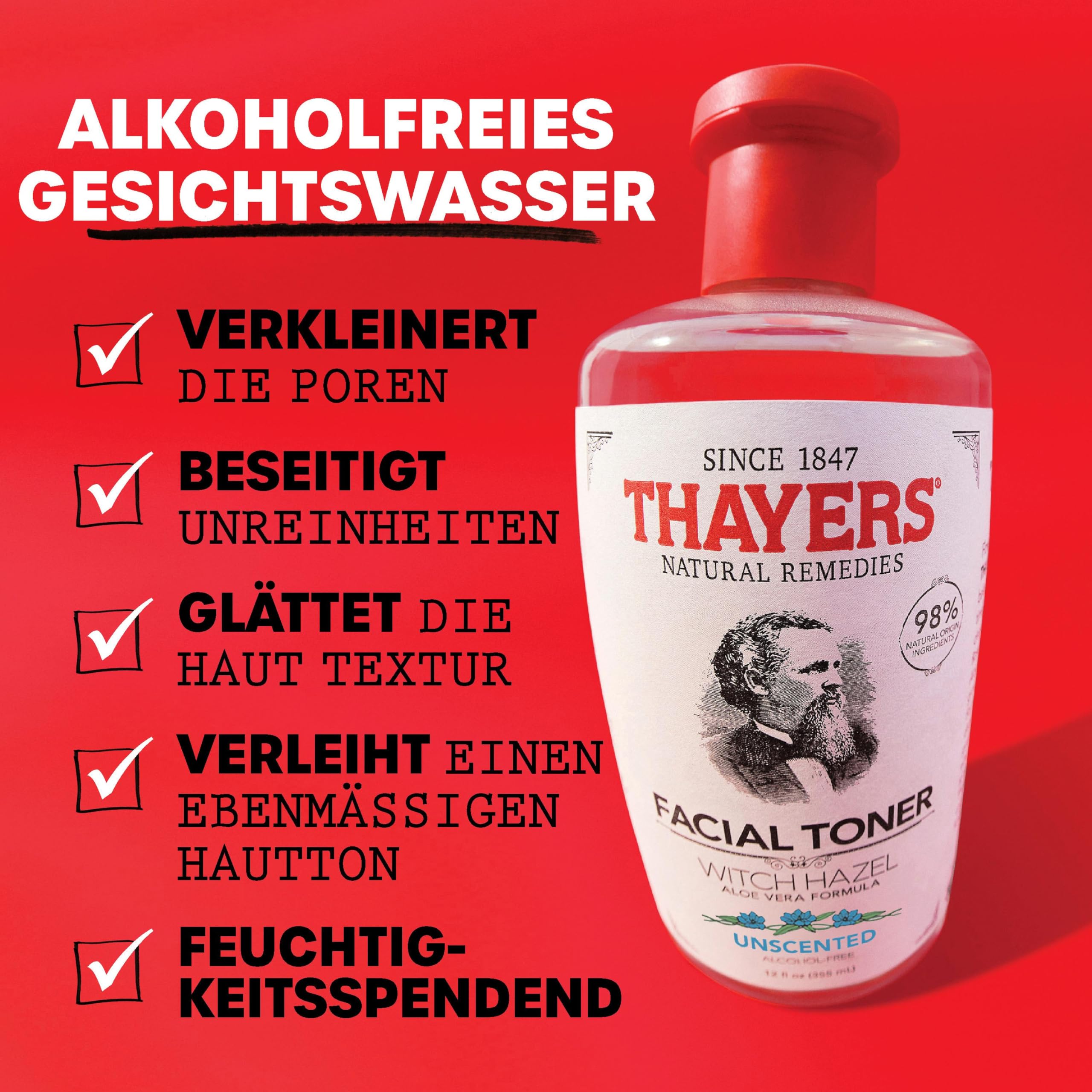 Thayers Mildes Hamamelis Unparfmiert Gesichtswasser mit Bio Aloe Vera   strahlkraft & verengt poren - ohne alkohol - vegan - 98 % natrliche  inhaltsstoffe - dermatologisch getestet - 355 ml : Amazon.de: Kosmetik