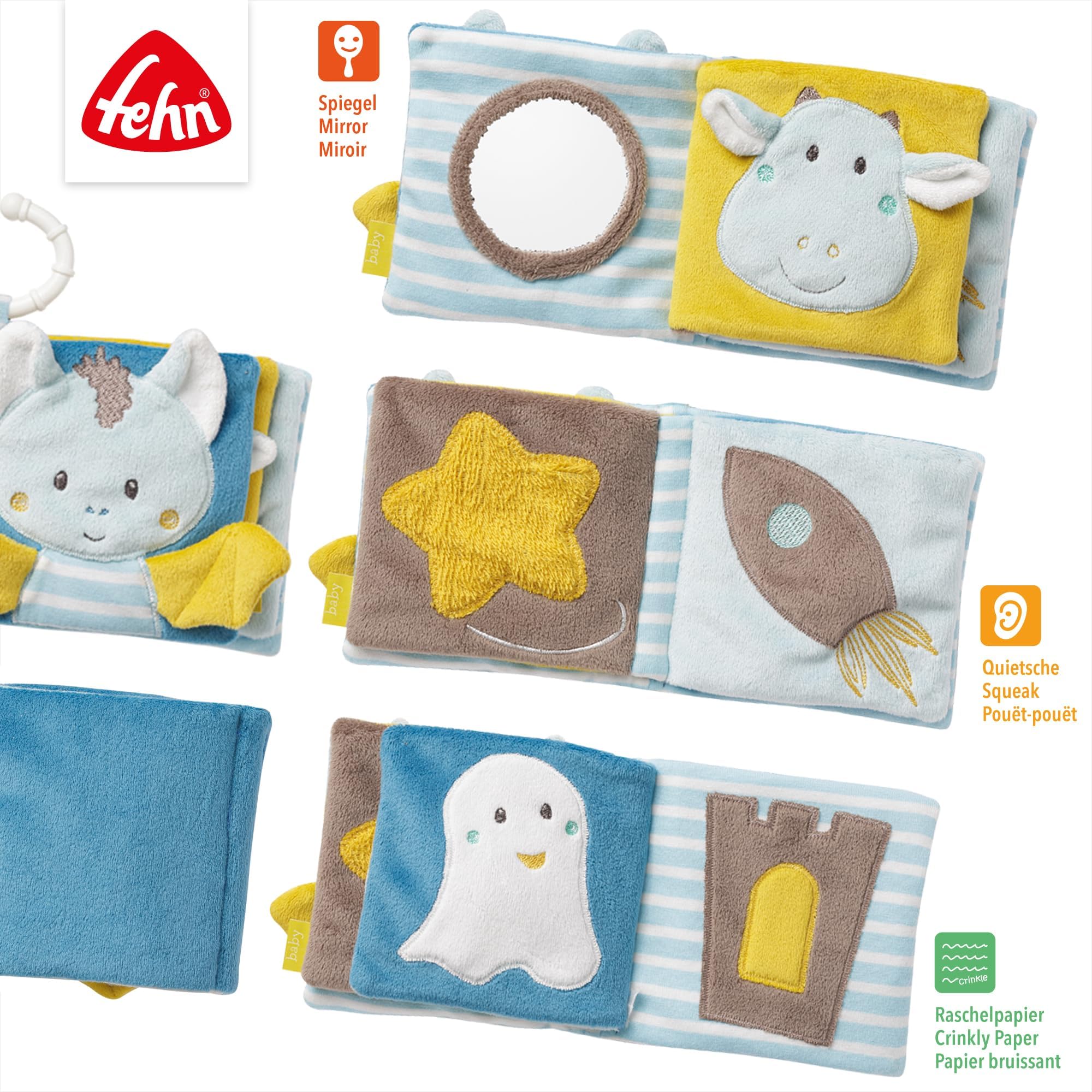 Fehn Soft-Bilderbuch Fledermaus/Fühlbuch aus Stoff mit Tier Motiven - mit Quietsche, Raschelpapier und Spiegel für Babys und Kleinkinder ab 0+ Monaten/Maße: 11x11 cm