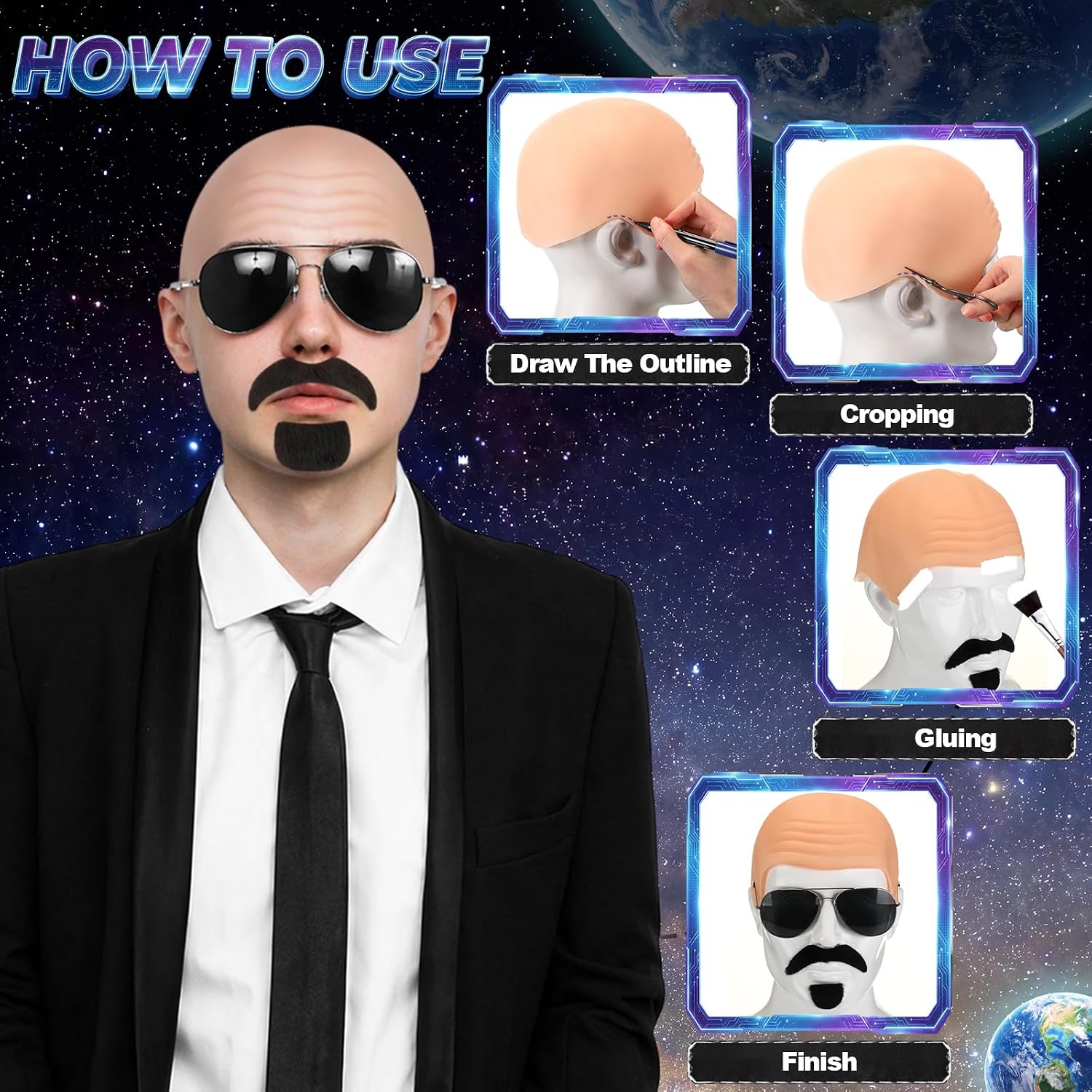 Mepase 9 Pcs Bald Caps Set with White T-Shirt Sunglasses Tie Mustache for Men Women Adults Cosplay Party Costume Accessories
