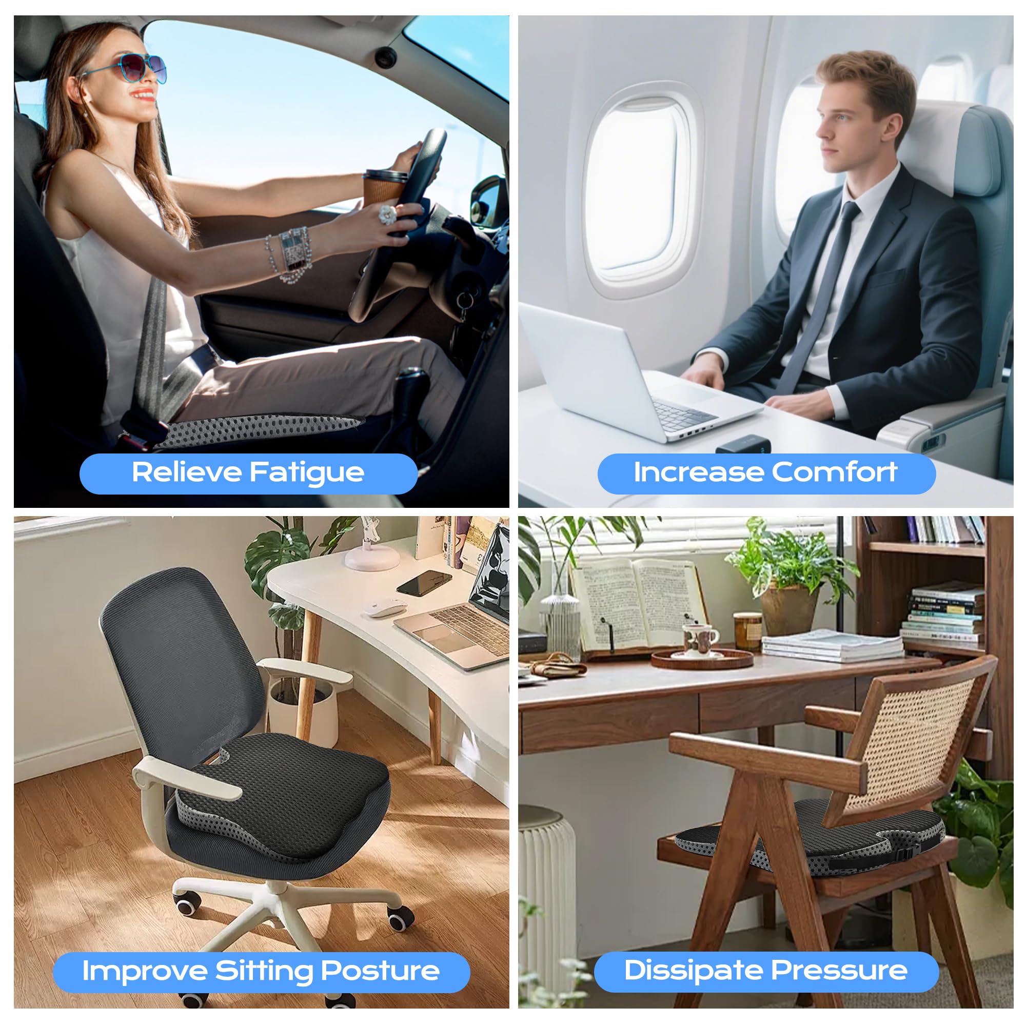 Autositzkissen, Keilkissen Auto, Rutschfestes Sitzkissen für Auto, Ergonomisches Memory Foam Sitzkeilkissen für Auto, Bürostuhl, Auch als SitzerhöHung Auto Erwachsene (Grau)