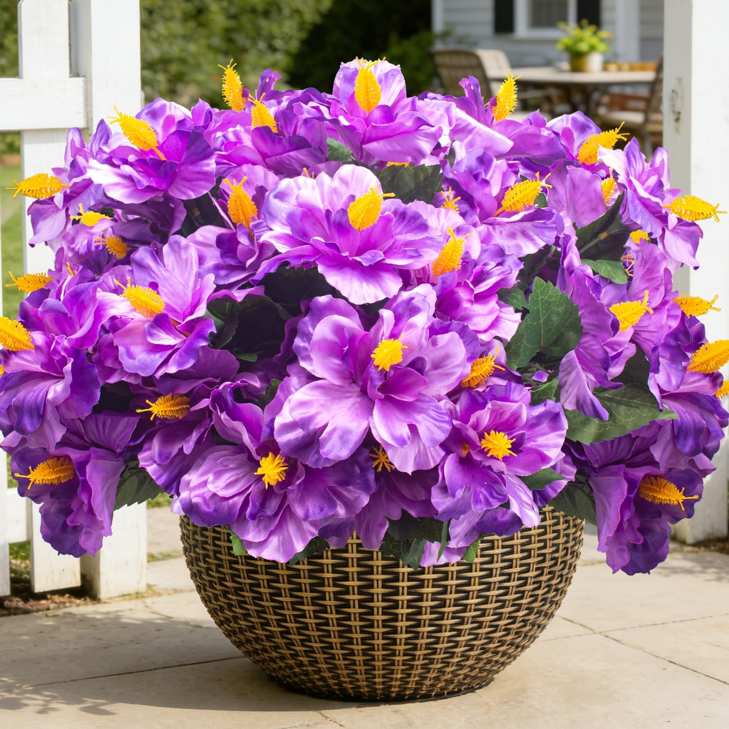 Grunyia Artificial Hibiscus Flowers 5 Bundles, UV Resistant Fake Tropical Flowers Realistic Silk Blooms for Outdoor Planter Garden Patio Porch Window Box Home Decor (Purple)