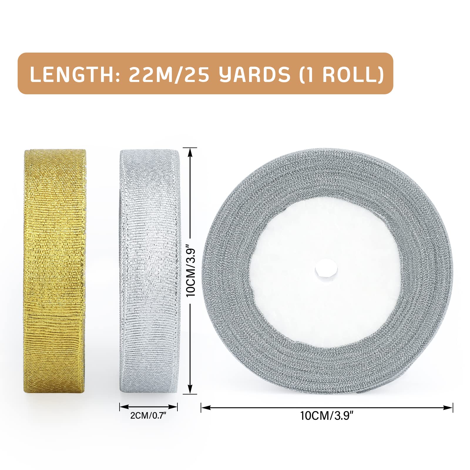 2 Rollen Glitzerband Gold & Silber - Je 22 M, 1,9 Cm Breit - Stoffband Für Geschenke, DIY, Hochzeit