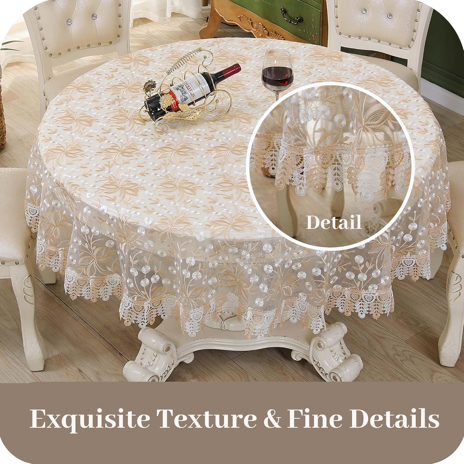 Qubjus Round Lace Tablecloth Floral Embroidery Cutout Table Cloth Elegant Luxury Decorative Table Cover for Dining, Wedding and Home (Khaki, Round 70'') image 3