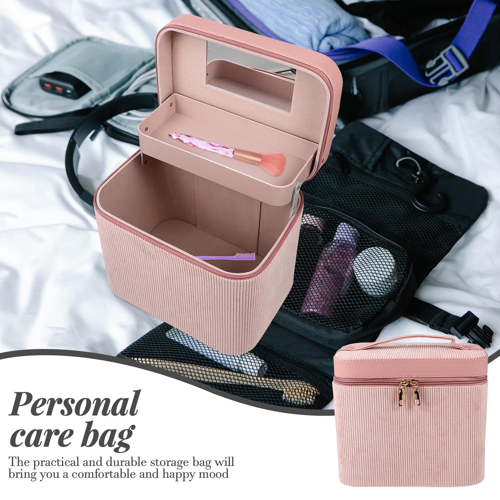 Hohopeti Doppellagige Kosmetiktasche Damen mit Spiegel Robuste Reisekosmetiktasche Rosa Tragbarer Kulturbeutel für Make Up und Hautpflege