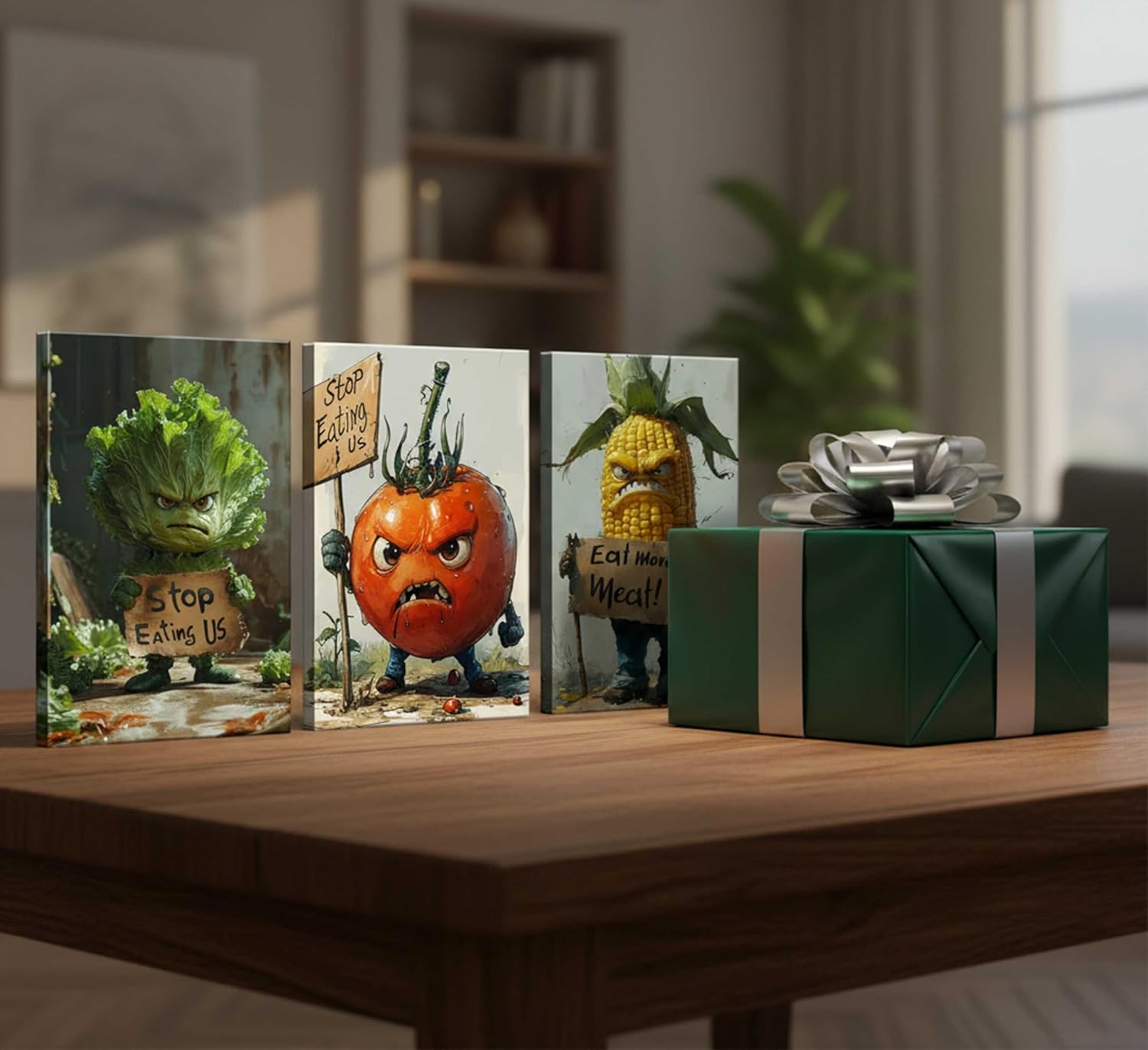 3Pcs Funny Kitchen Canvas Wall Art Whimsical Angry Lettuce Tomato and Corn Rebellion Aggressive Vegetables Food Painting Pictures Wall Decor Poster Print Artwork for Dining Home Decoration