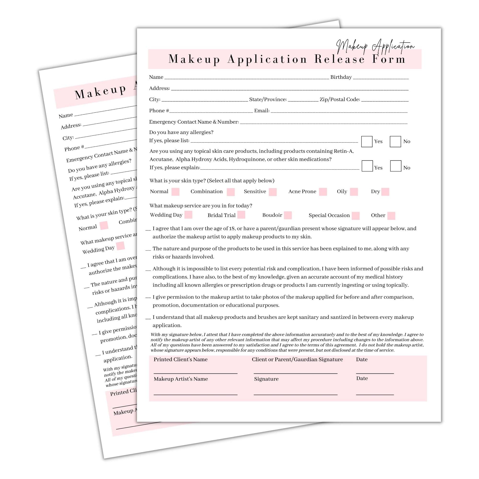 Makeup Application Release of Liability Forms | 50 Pack | 8.5x11" inch Paper Size Form | Clients Signature | White and Pink Design