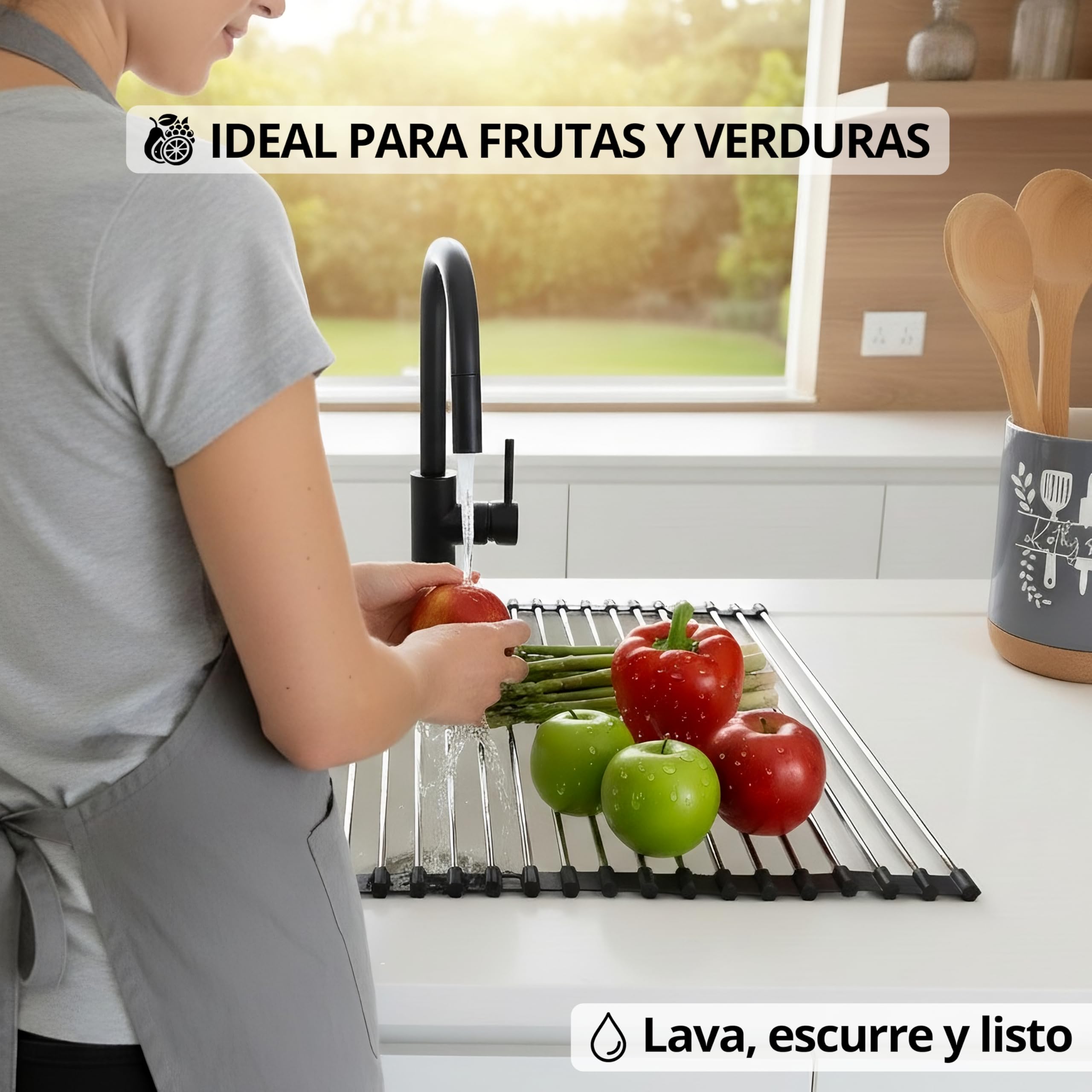 Escurreplatos sobre Fregadero + Soporte Estropajo, Escurridor de Platos y Verduras para Fregadero Plegable y Enrollable (43x35cm), Acero Inoxidable SUS 304 y Silicona, Base Resistente al Calor