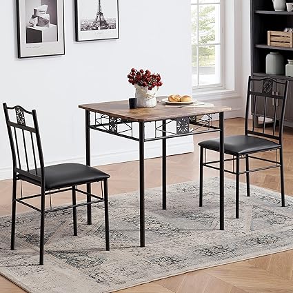 VECELO Small Dining Table Set for 2, 3 Piece Kitchen Bar Dinette Square, with PU Padded Chairs, Retro-Brown