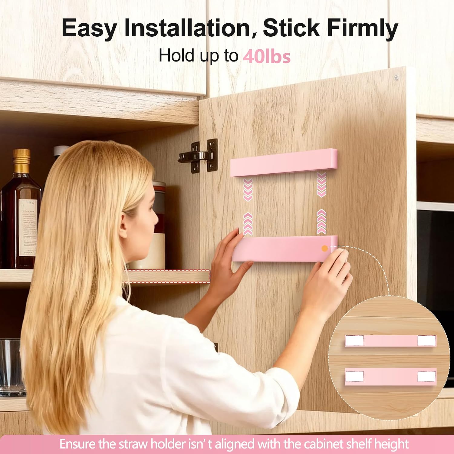 9.5” Large Acrylic Straw Holder for Cabinet Door, Adjustable Two-Part | Reusable Straws Organizer with Ultra Sticky Adhesive Strips, 2026 Straw Storage for Kitchen Cupboard (Rose Stone)